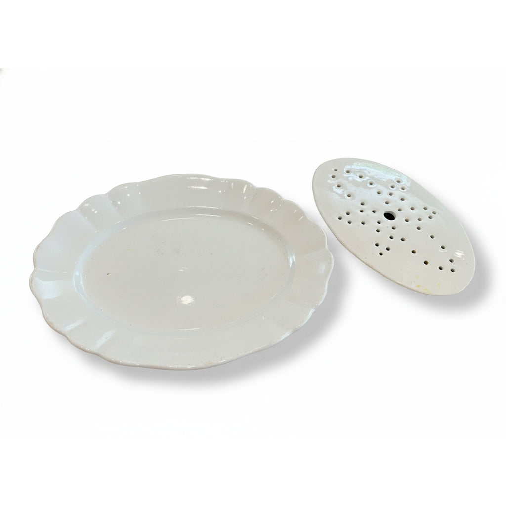Antique Belgian White Ironstone Platter with Drain Plate