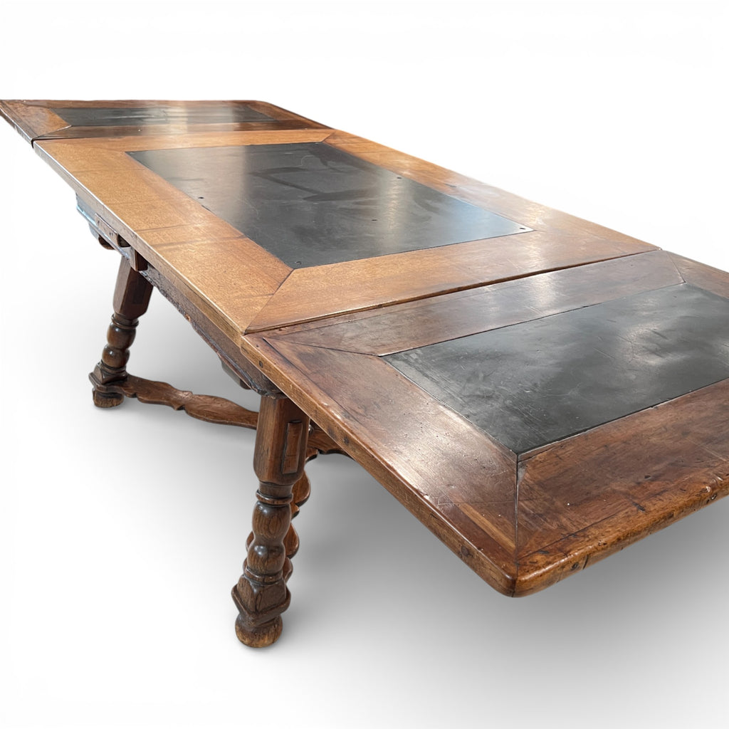 19th Century Swiss Antique Walnut Table with Slate & 2 Leaves