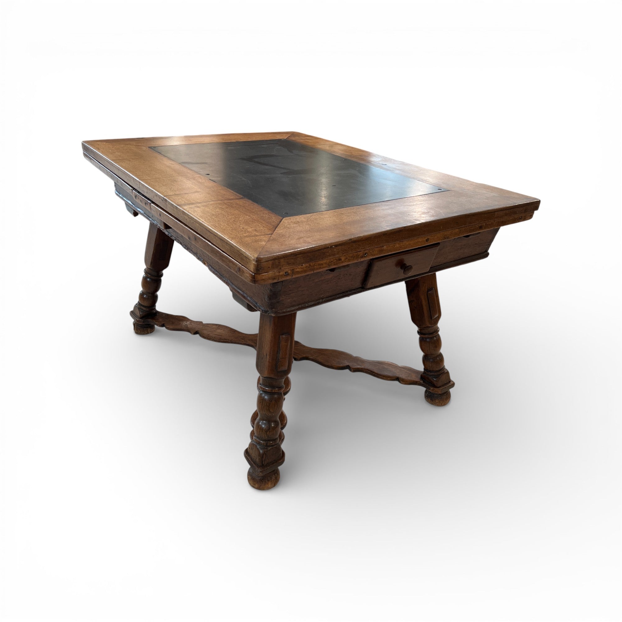 19th Century Swiss Antique Walnut Table with Slate & 2 Leaves