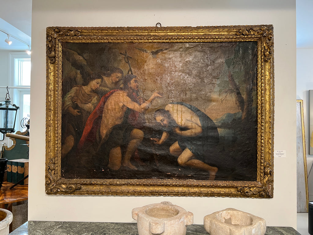 18th Century Italian Antique Painting of John the Baptist & Jesus in Original Frame