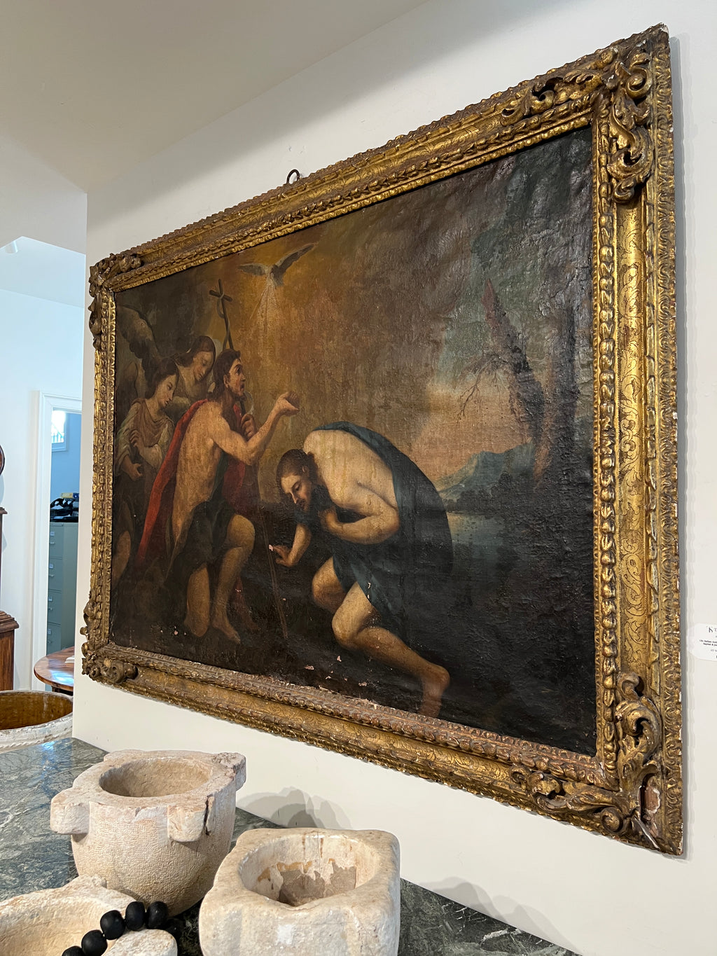 18th Century Italian Antique Painting of John the Baptist & Jesus in Original Frame