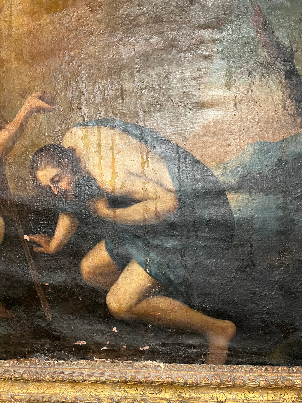 18th Century Italian Antique Painting of John the Baptist & Jesus in Original Frame