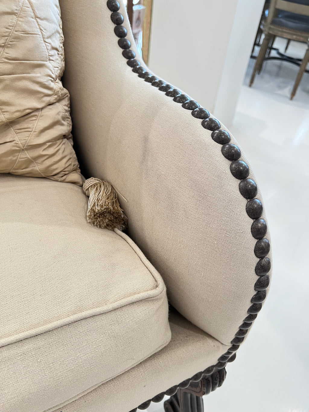 Louis XIV Upholstered Canapé with Nailhead Trim & Os De Mouton Walnut Stretcher