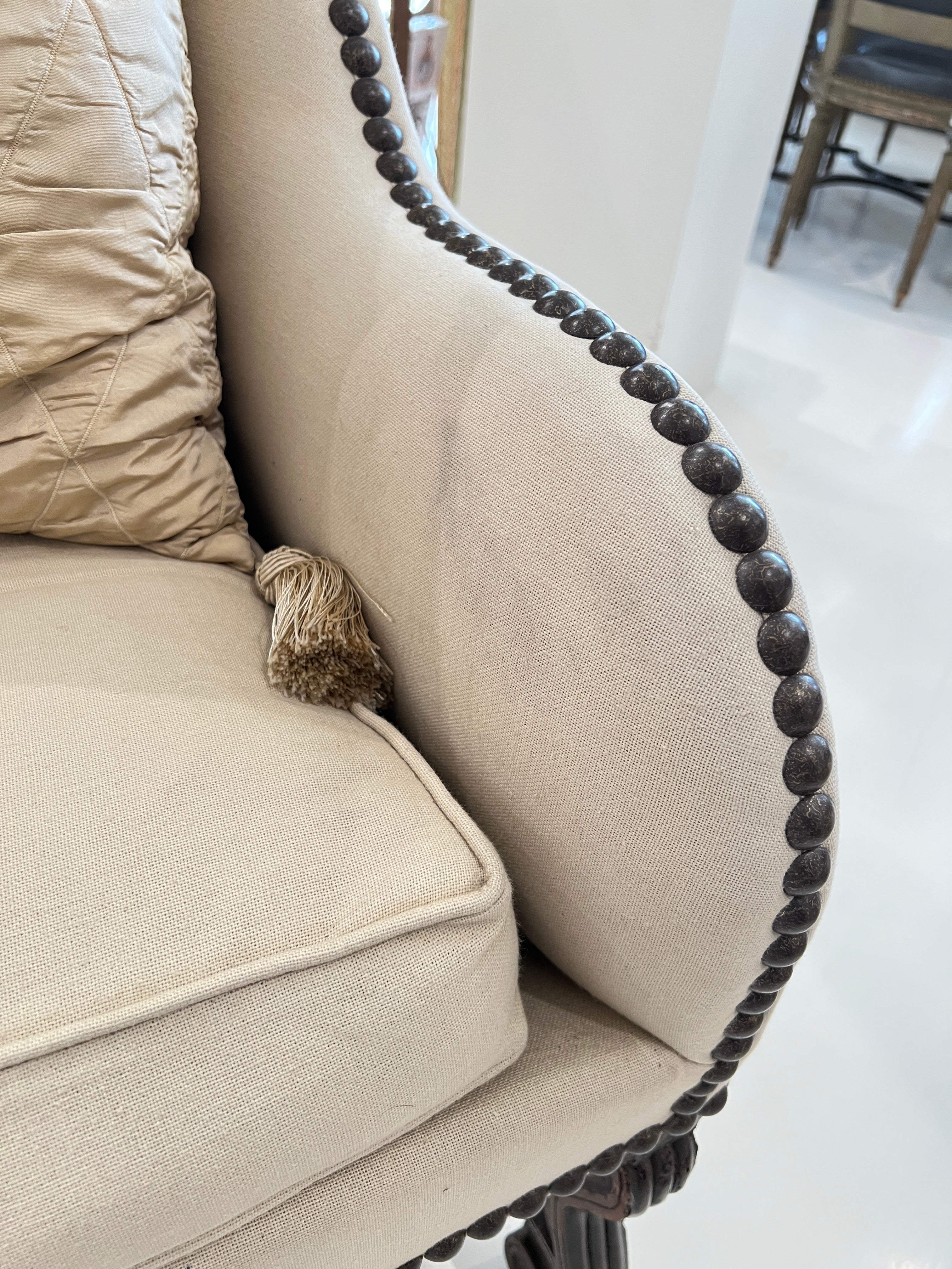 Louis XIV Upholstered Canapé with Nailhead Trim & Os De Mouton Walnut Stretcher