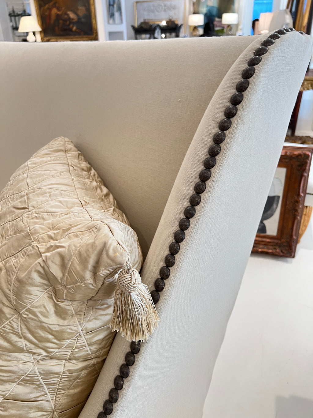 Louis XIV Upholstered Canapé with Nailhead Trim & Os De Mouton Walnut Stretcher