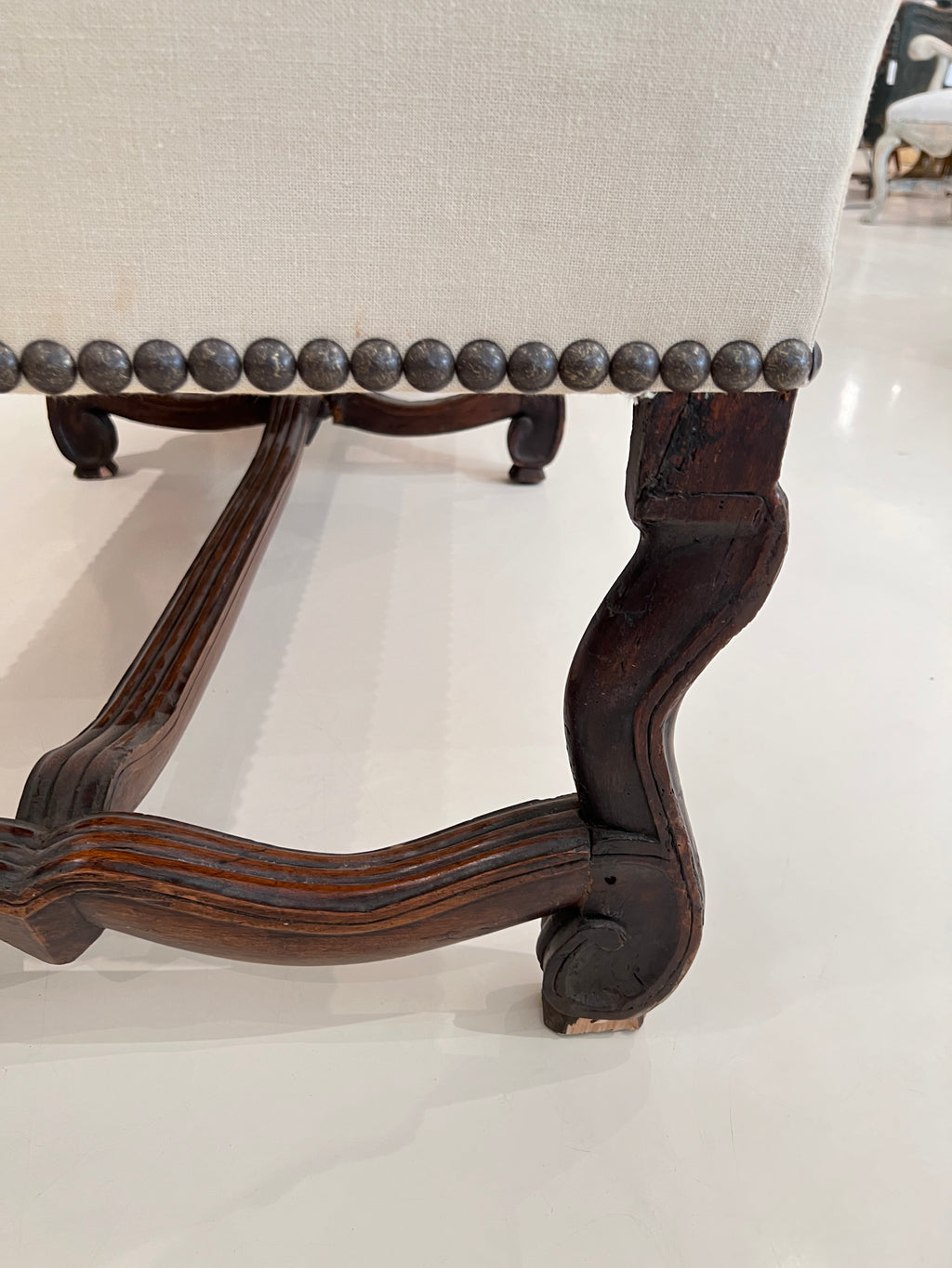 Louis XIV Upholstered Canapé with Nailhead Trim & Os De Mouton Walnut Stretcher