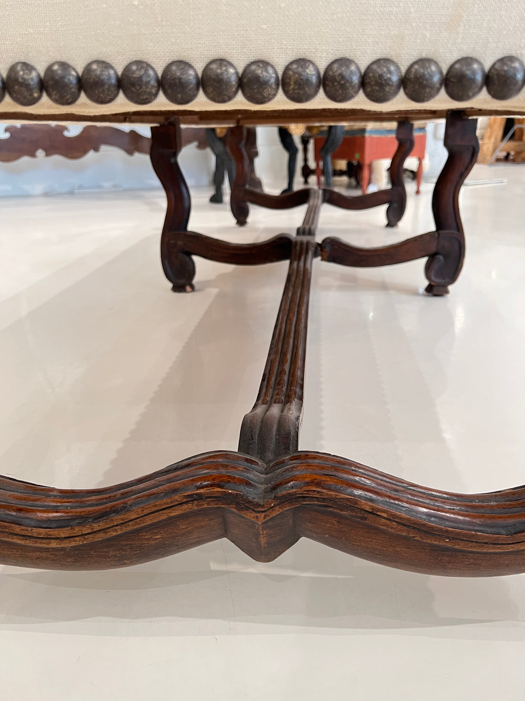Louis XIV Upholstered Canapé with Nailhead Trim & Os De Mouton Walnut Stretcher