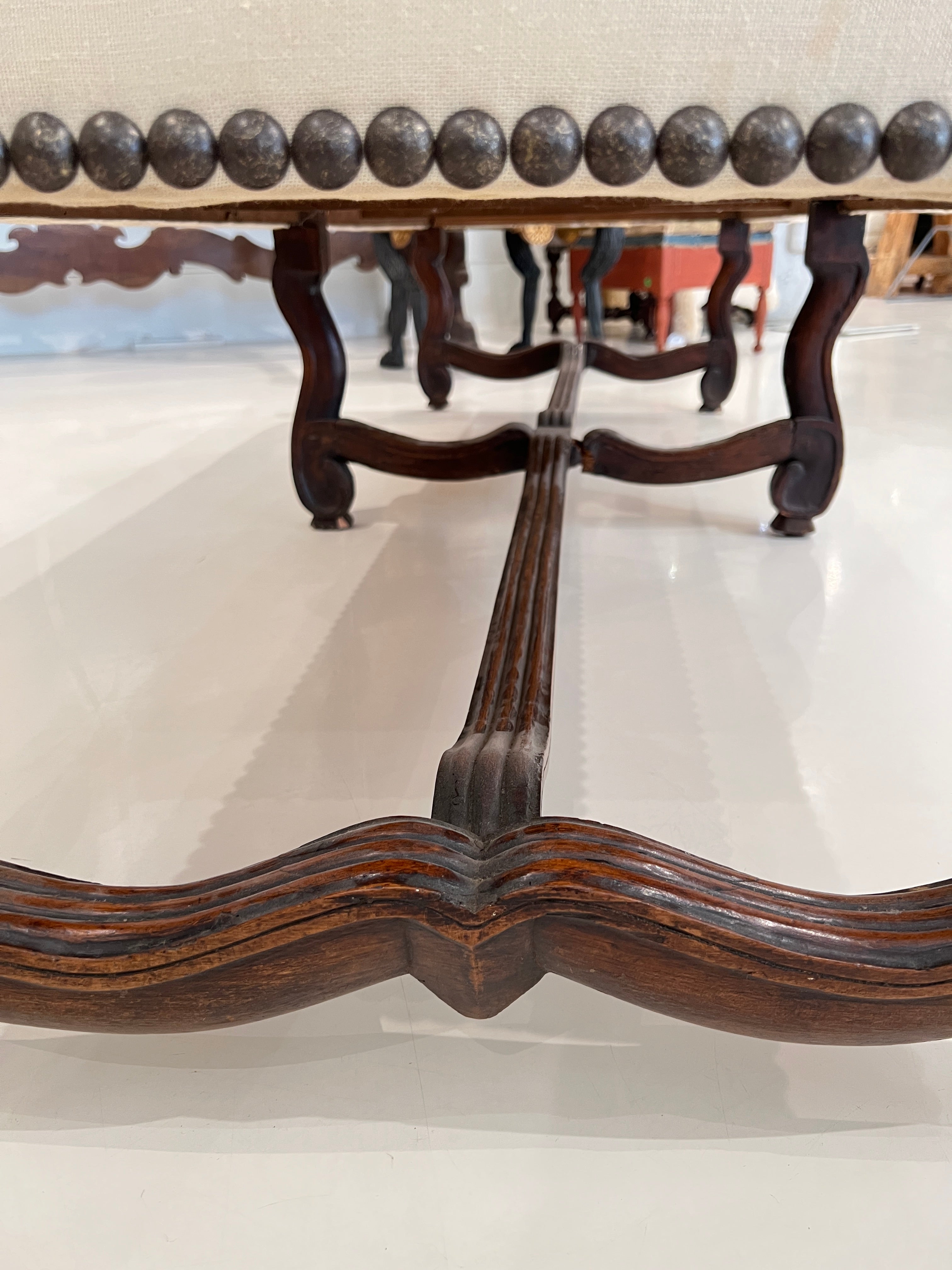 Louis XIV Upholstered Canapé with Nailhead Trim & Os De Mouton Walnut Stretcher