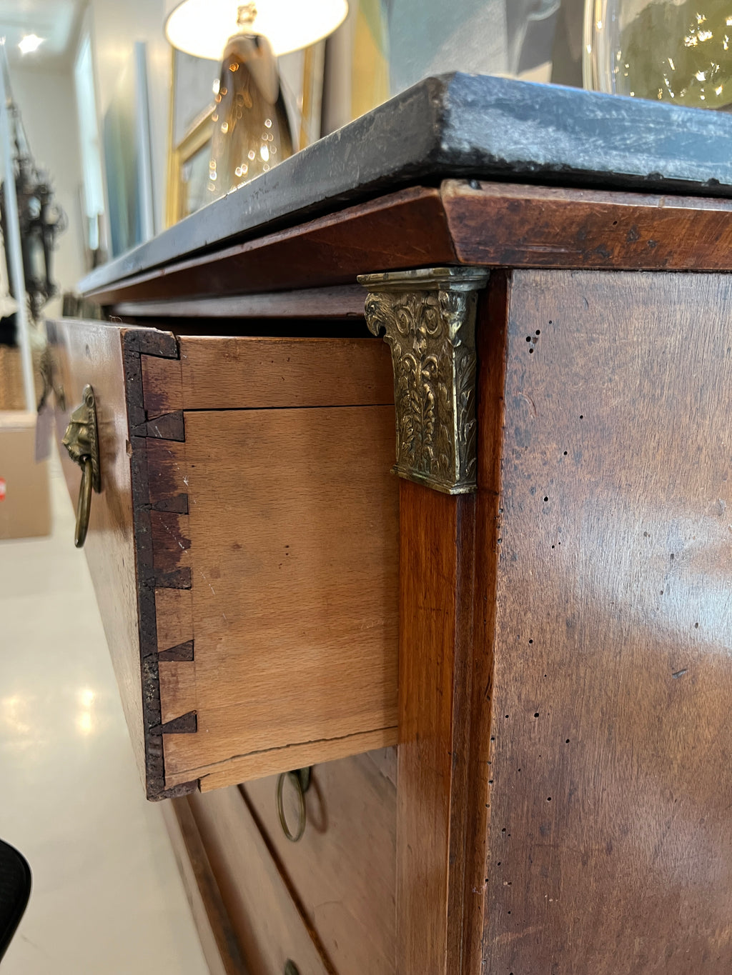 19th Century French Empire Antique Chest with Marble Top & Lion Pulls