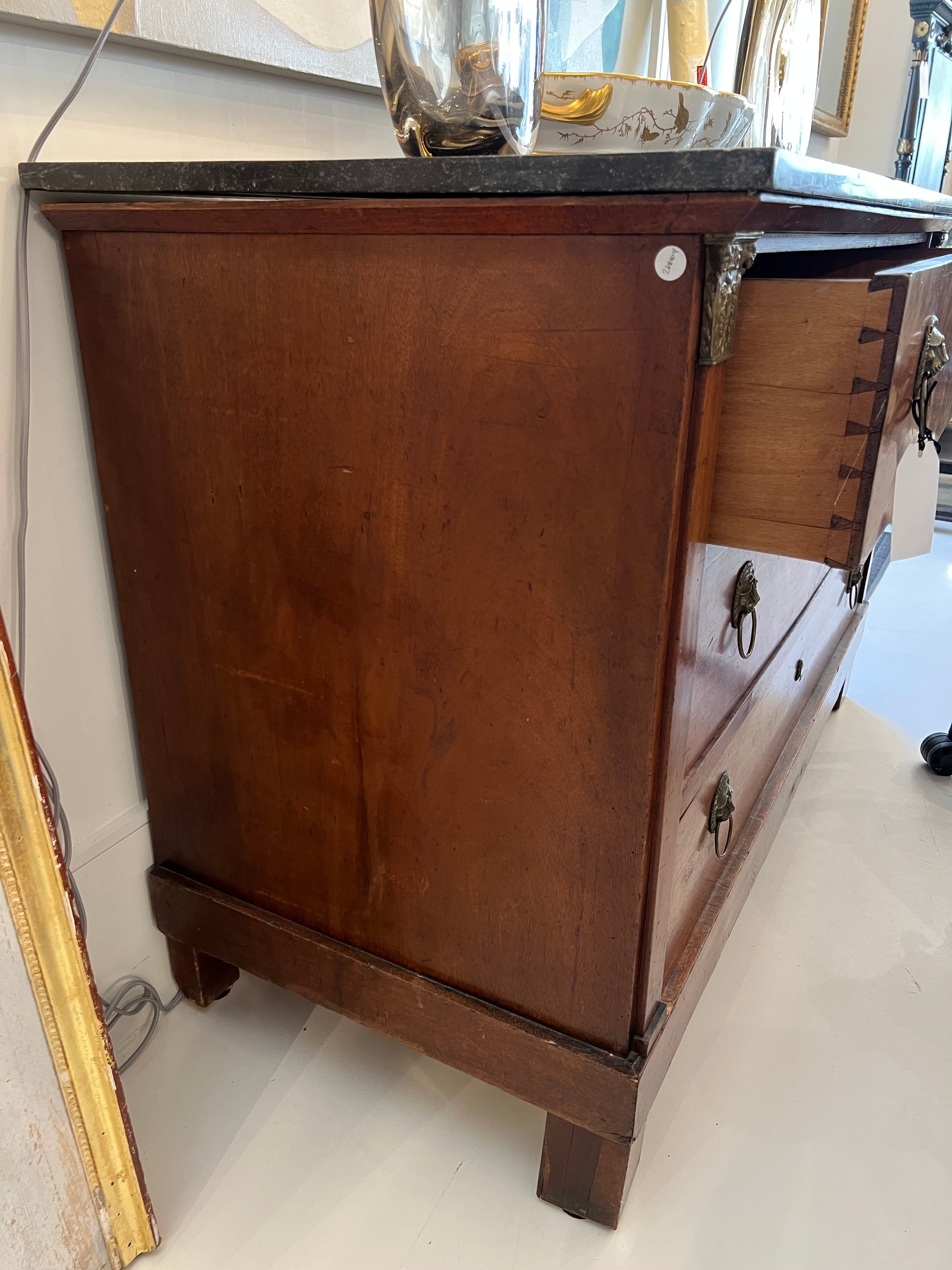 19th Century French Empire Antique Chest with Marble Top & Lion Pulls