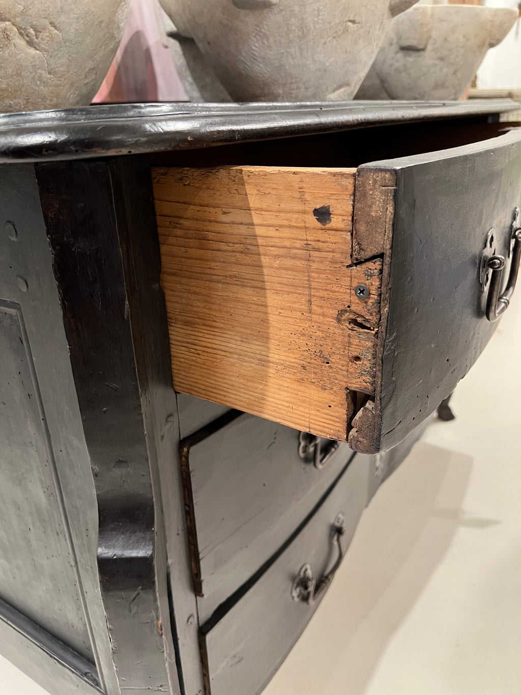 18th Century French Black Antique Chest w/Hoof Feet and Silver Hardware