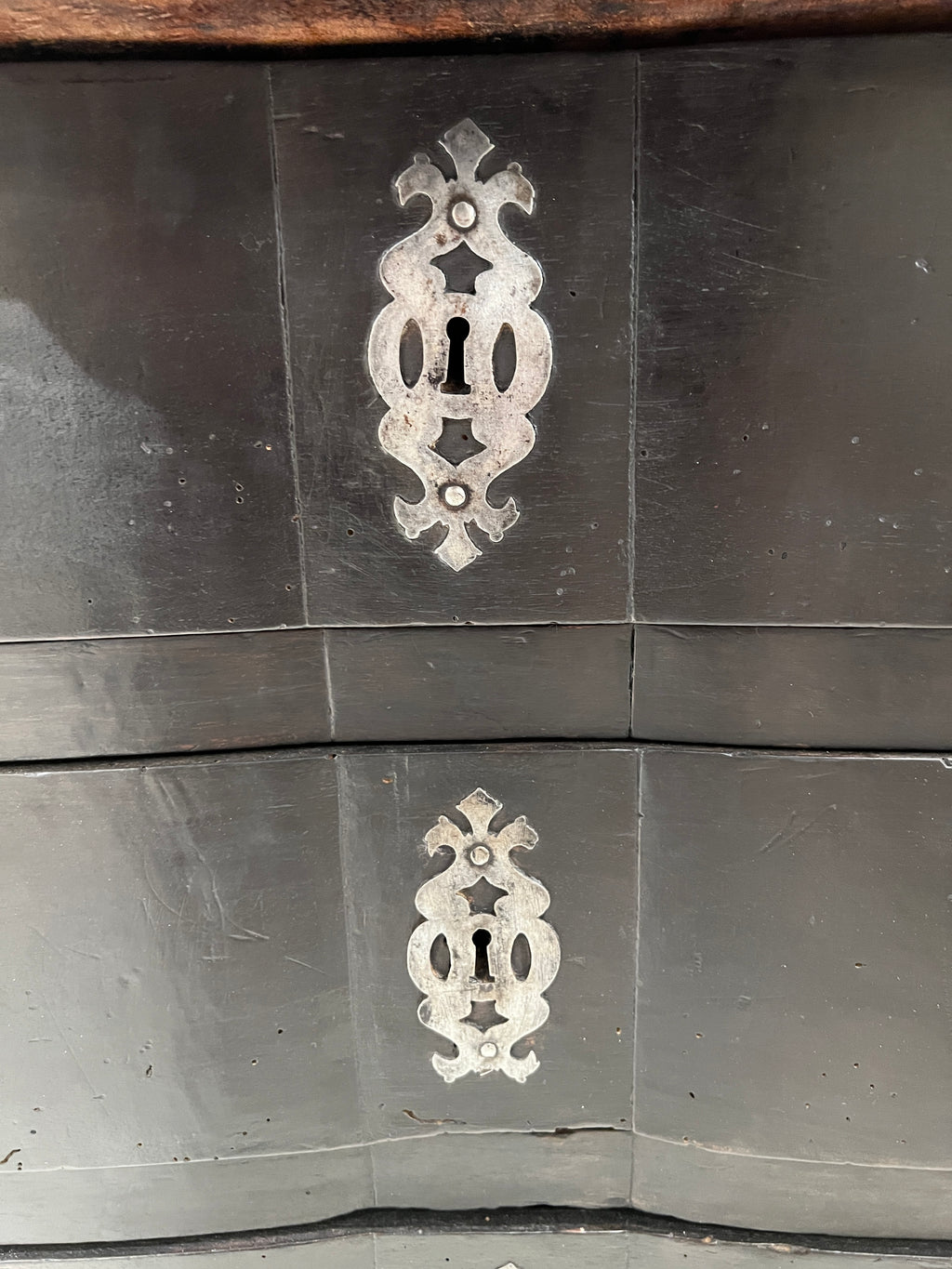 18th Century French Black Antique Chest w/Hoof Feet and Silver Hardware