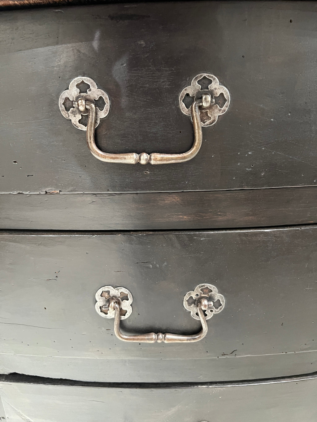 18th Century French Black Antique Chest w/Hoof Feet and Silver Hardware