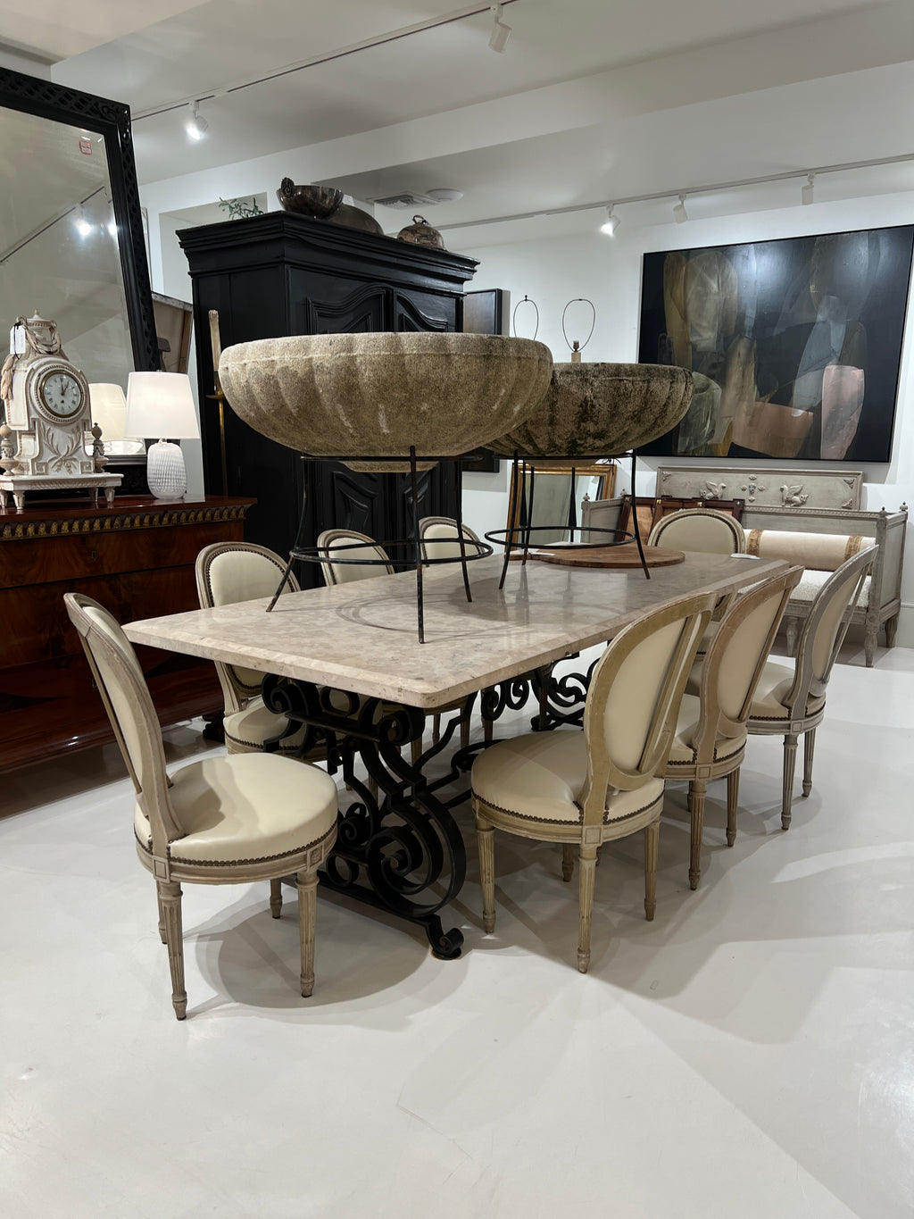 Large Mid-Century Forged Iron & Marble Dining Table