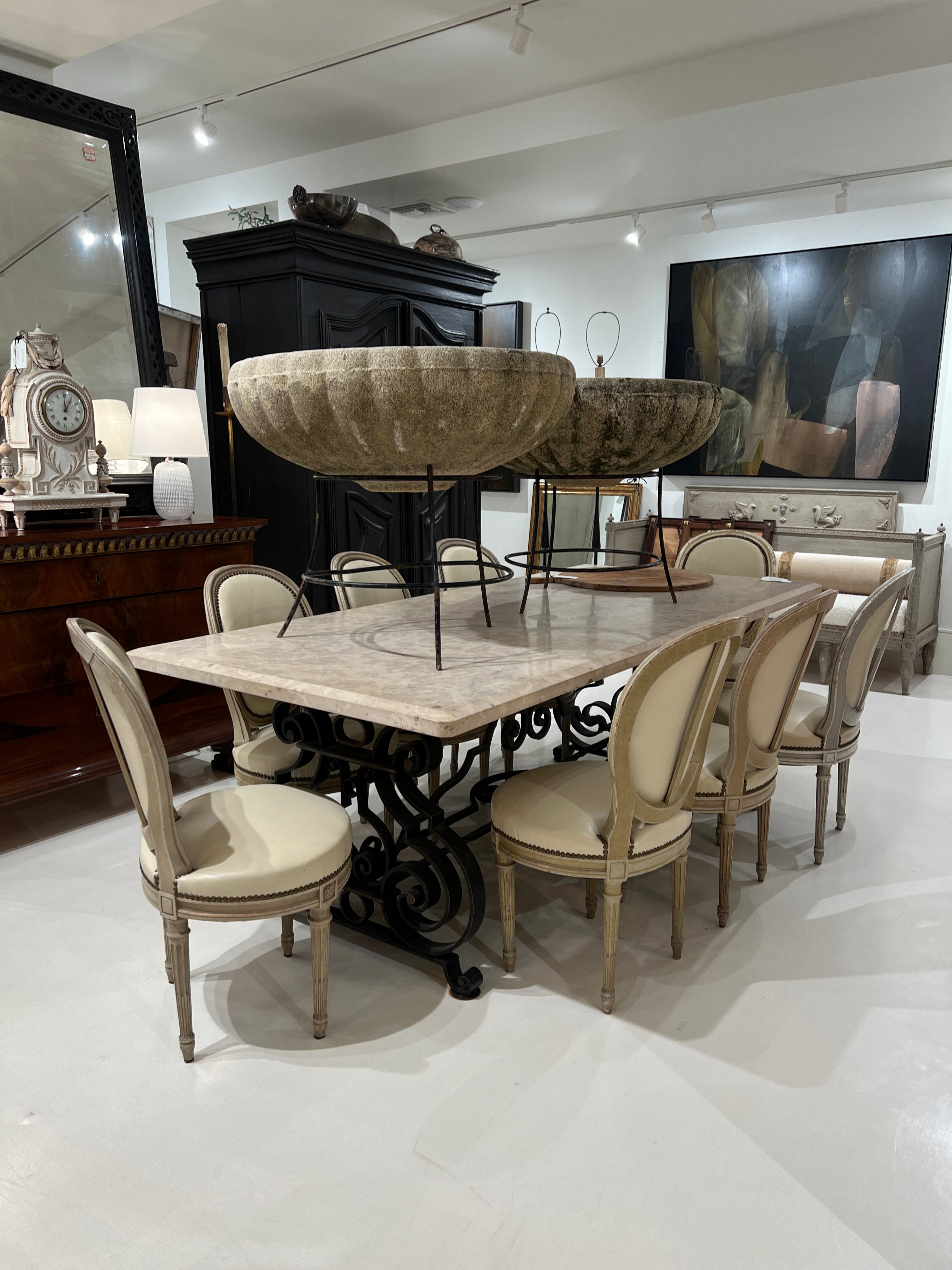 Large Mid-Century Forged Iron & Marble Dining Table