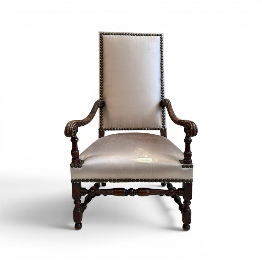 18th Century Louis XIII Style Arm Chair in Taupe Silk