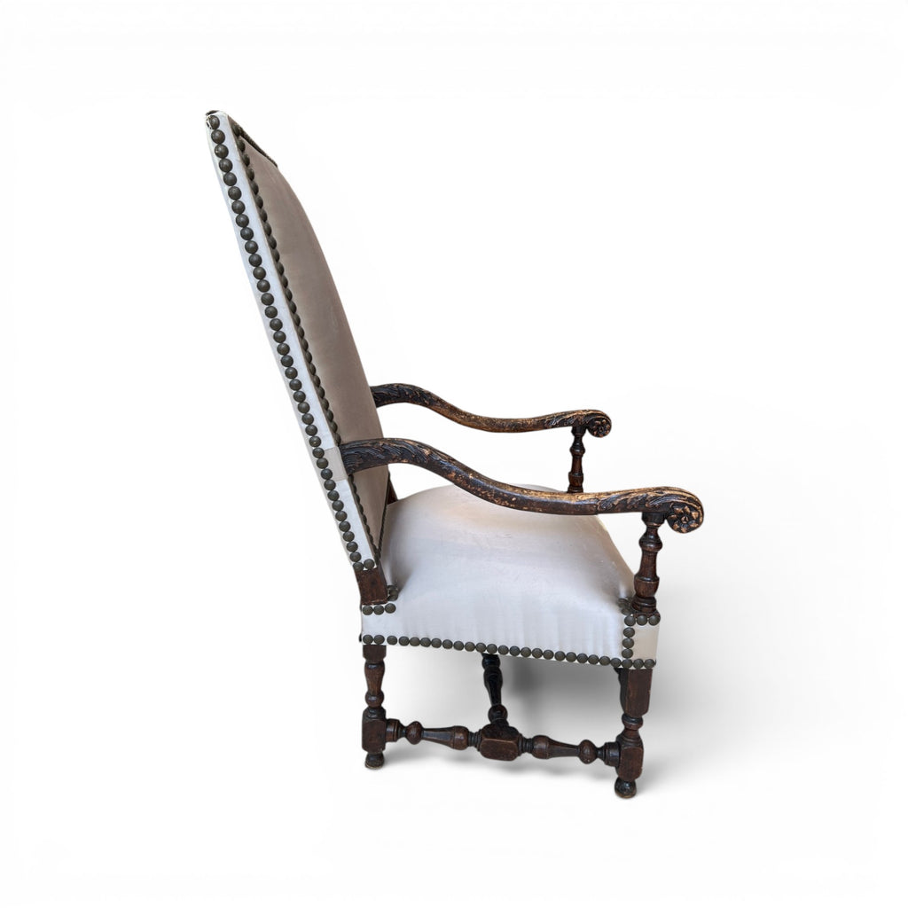 18th Century Louis XIII Style Arm Chair in Taupe Silk