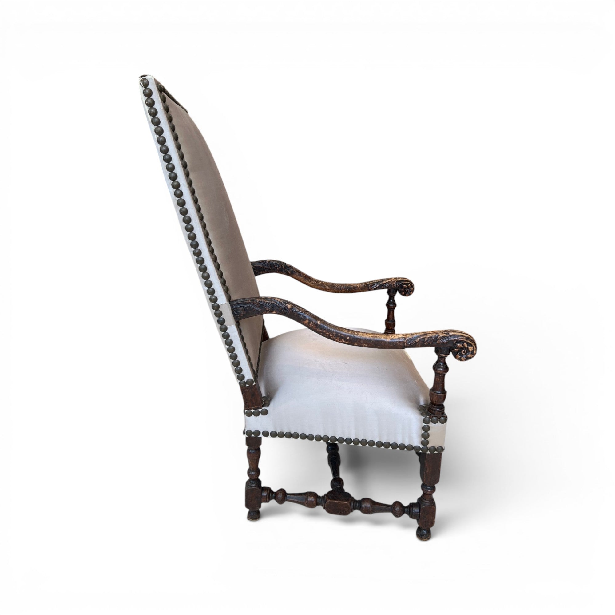 18th Century Louis XIII Style Arm Chair in Taupe Silk