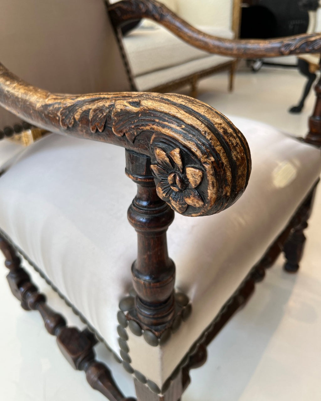 18th Century Louis XIII Style Arm Chair in Taupe Silk