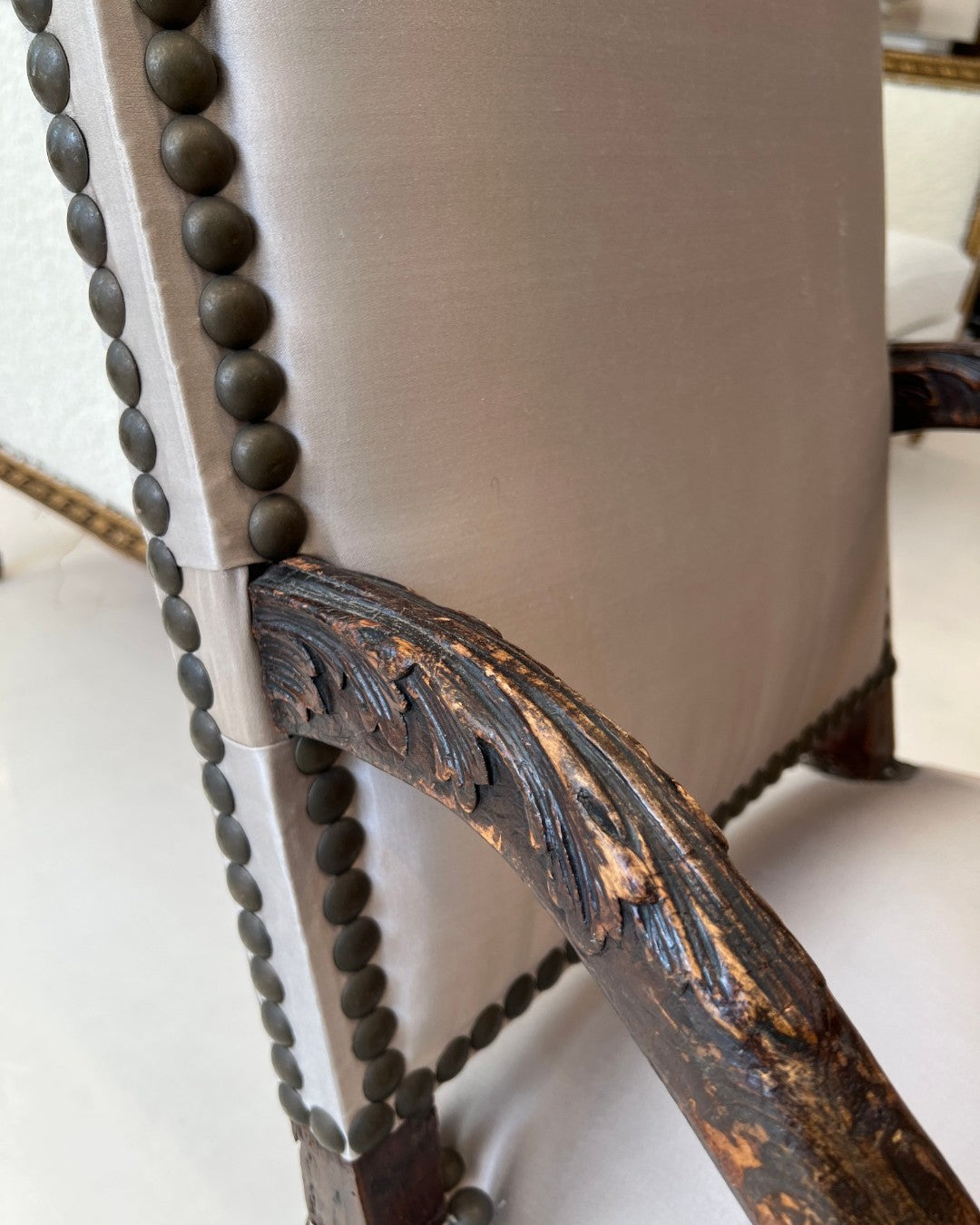 18th Century Louis XIII Style Arm Chair in Taupe Silk