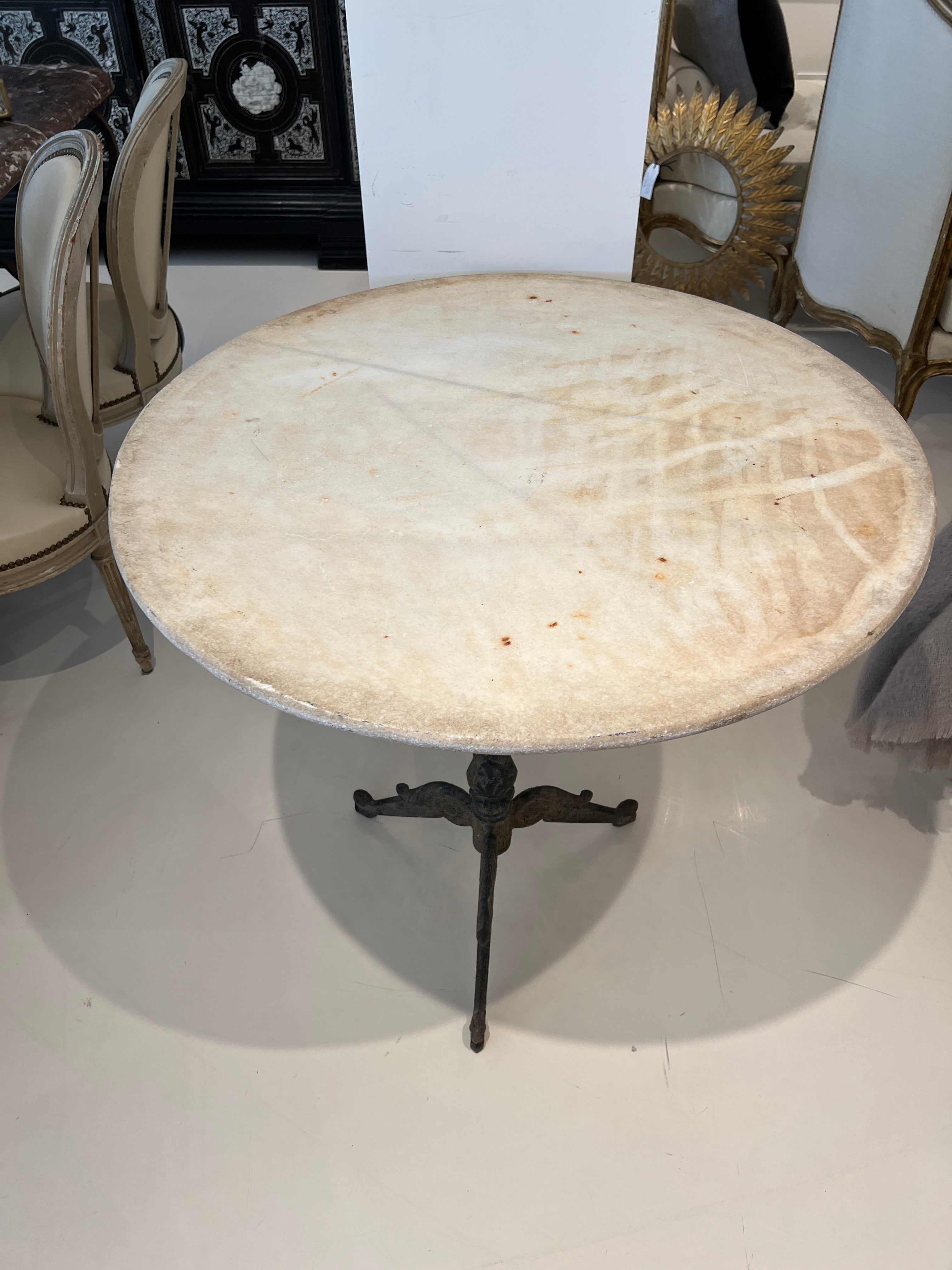 19th Century French Antique Stone Top Table with Iron Base