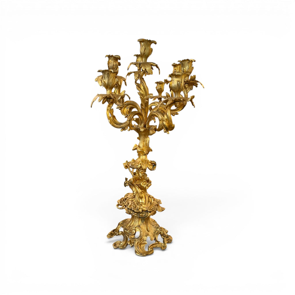 19th Century Pair of Louis XV Style Large Gilded Ormolu 5 Light Candelabras