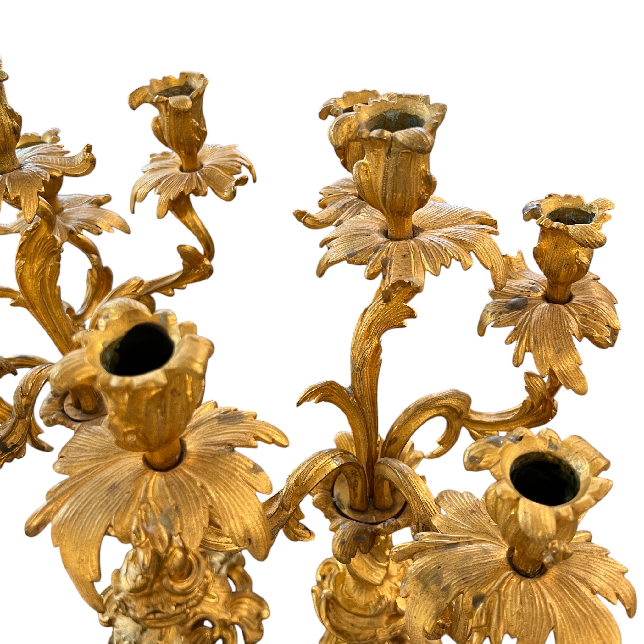 19th Century Pair of Louis XV Style Large Gilded Ormolu 5 Light Candelabras
