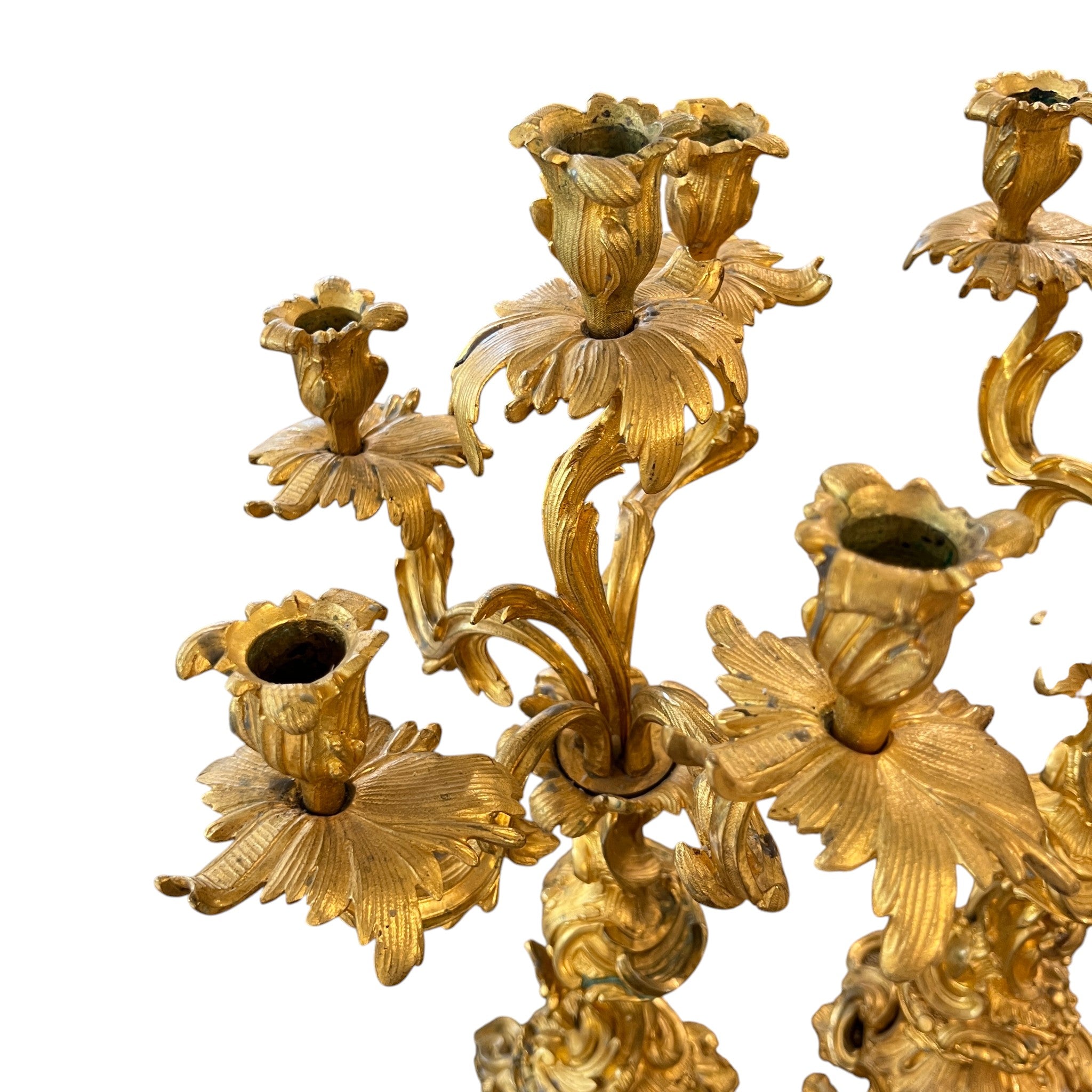 19th Century Pair of Louis XV Style Large Gilded Ormolu 5 Light Candelabras