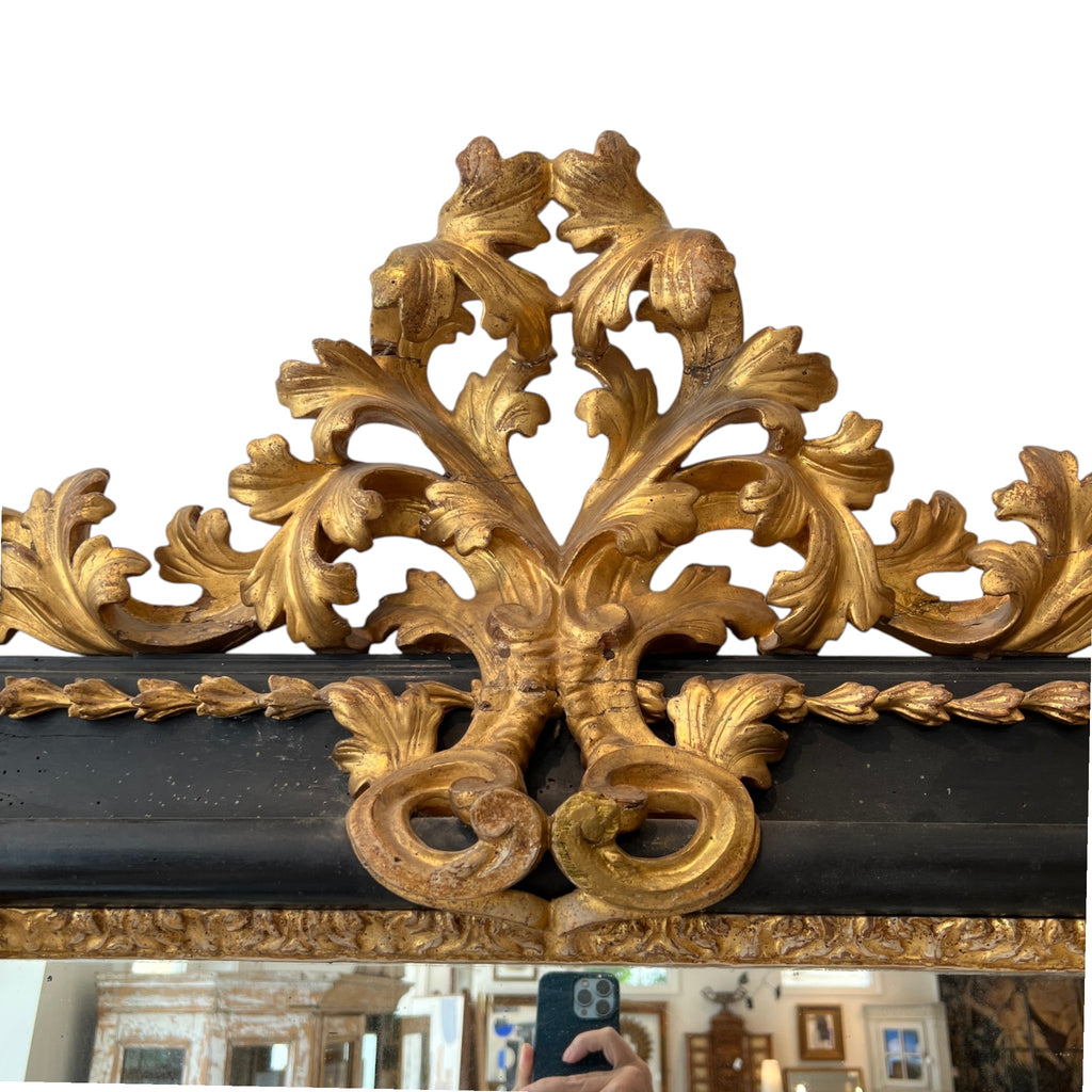 18th Century French Antique Giltwood & Black Mirror
