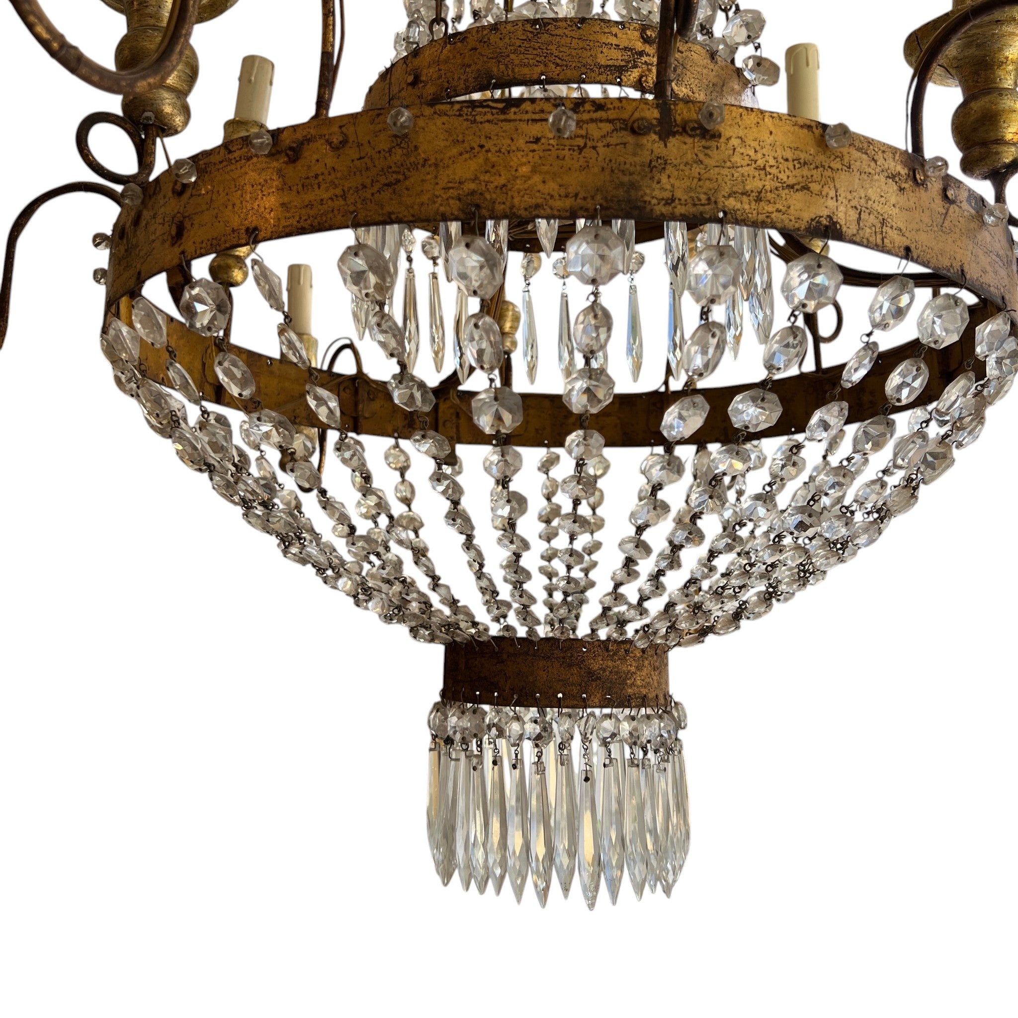19th Century Italian Large Empire Crystal & Gilded Iron Antique Chandelier