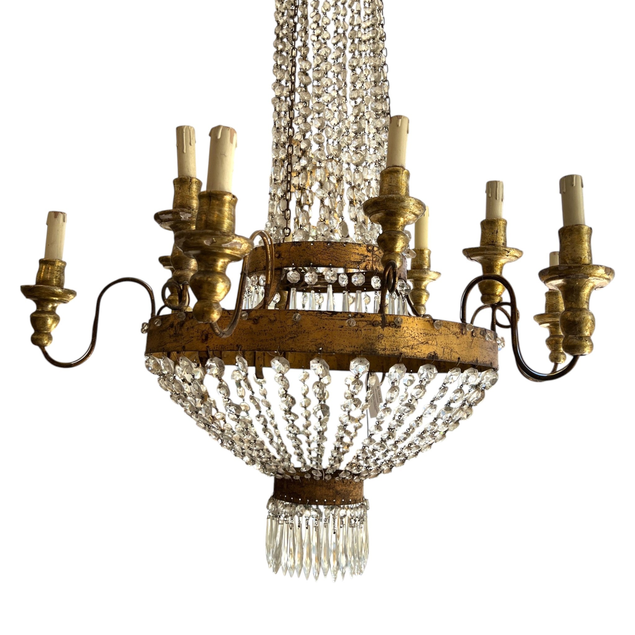 19th Century Italian Large Empire Crystal & Gilded Iron Antique Chandelier