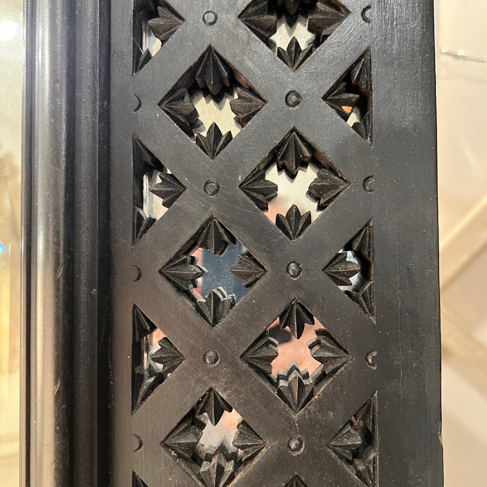 19th Century French Antique Napoleon III Black Mirror with Detailed Carving