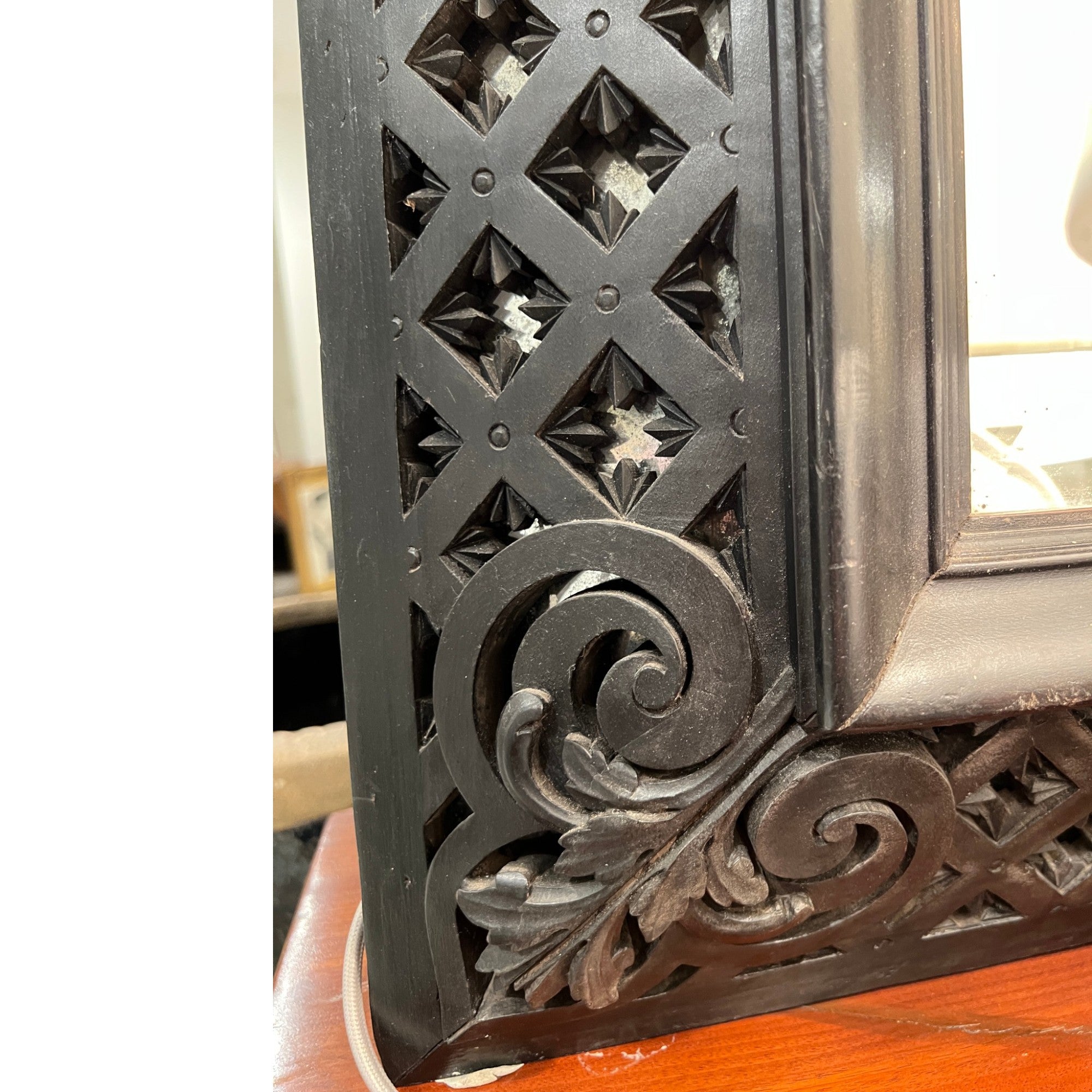 19th Century French Antique Napoleon III Black Mirror with Detailed Carving