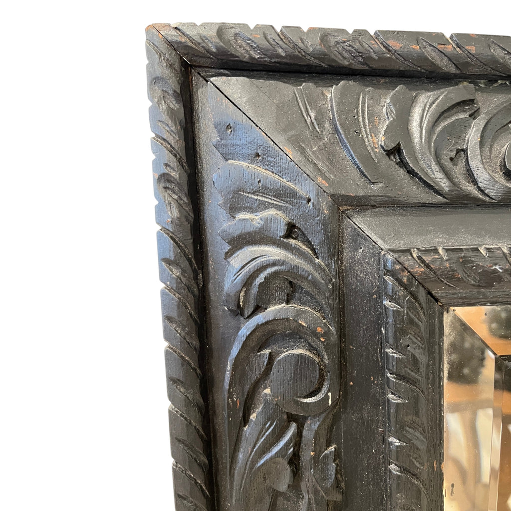 19th Century French Antique Napoleon III Black Mirror with Detailed Carving