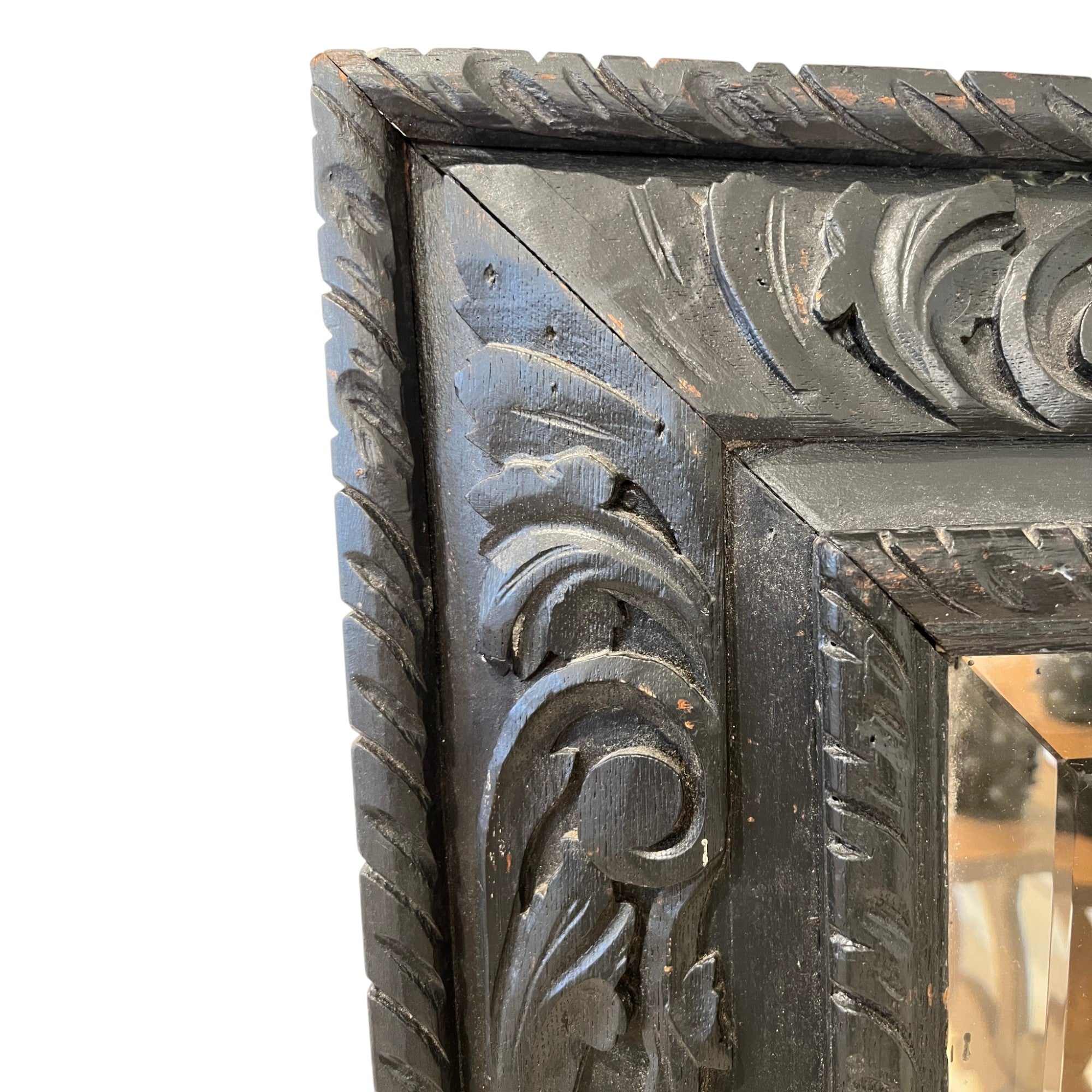 19th Century French Antique Napoleon III Black Mirror with Detailed Carving
