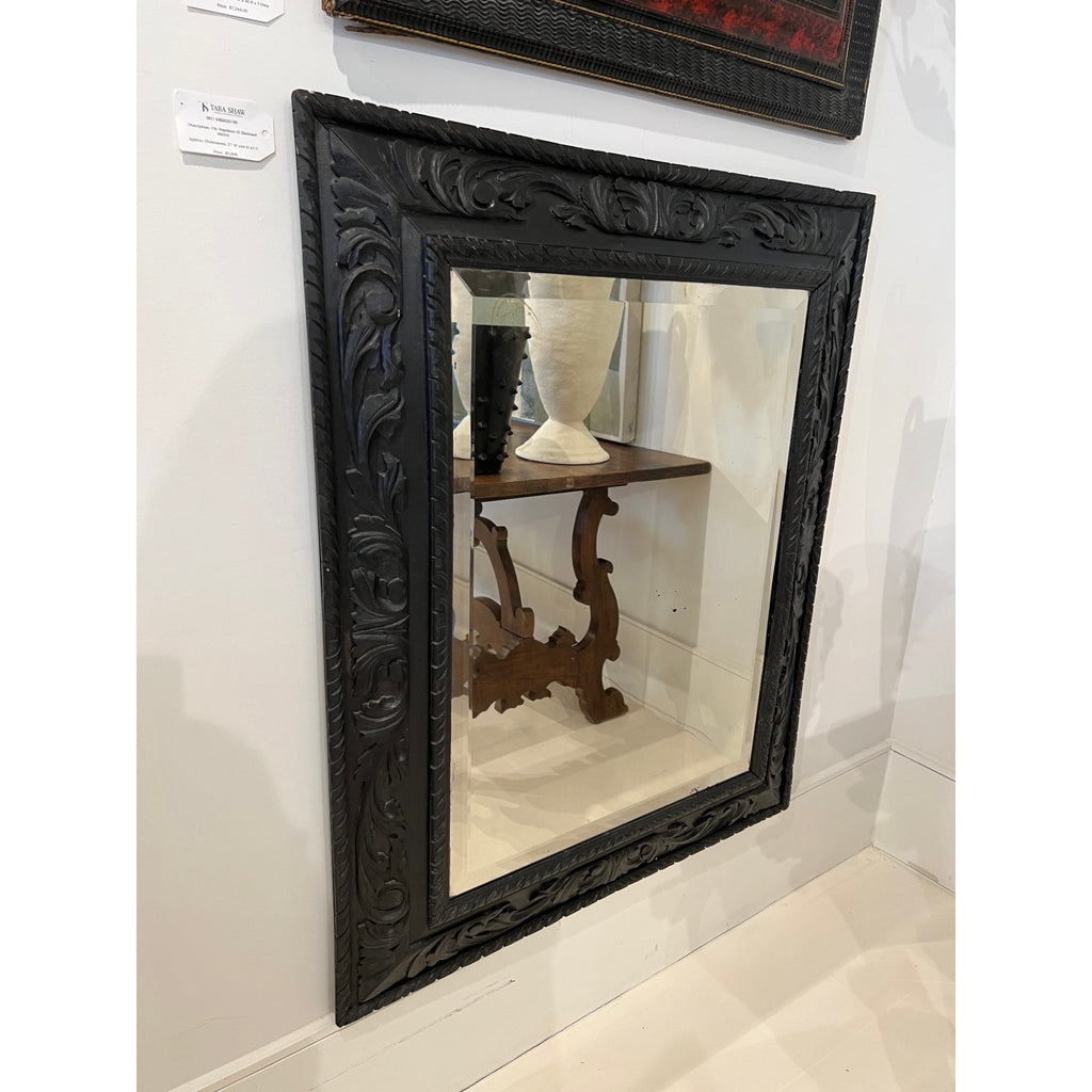 19th Century French Antique Napoleon III Black Mirror with Detailed Carving