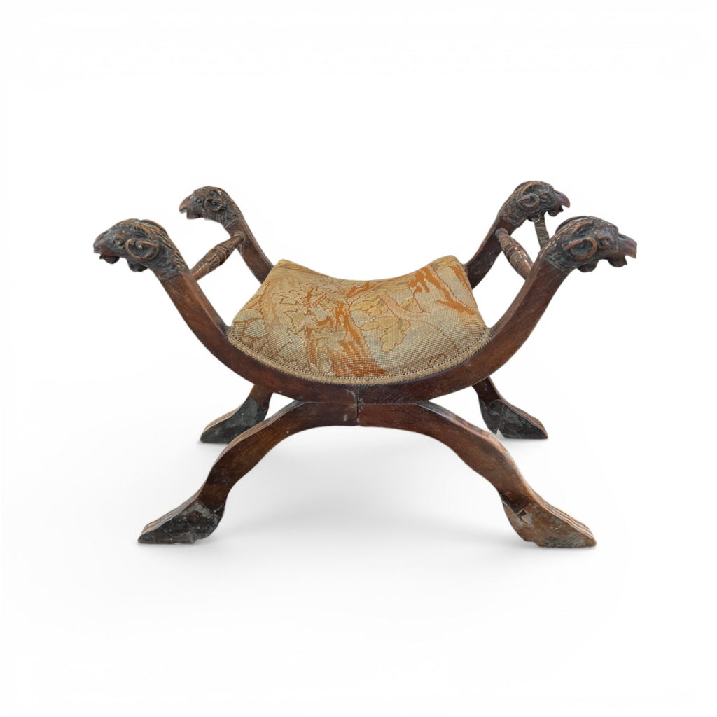 19th Century Italian Walnut Curule Stool with Ram's Head Carving