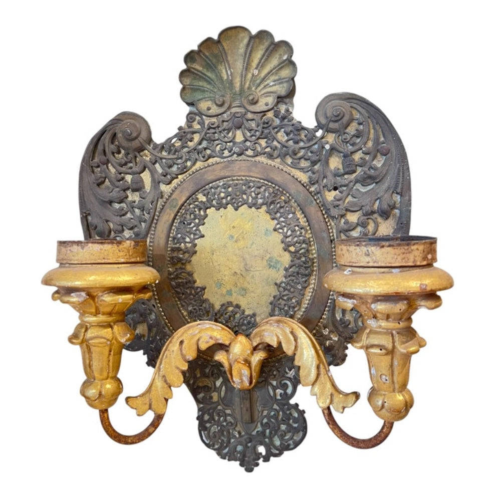 19th Century Italian Pair of Tole & Gilded Wood Sconces