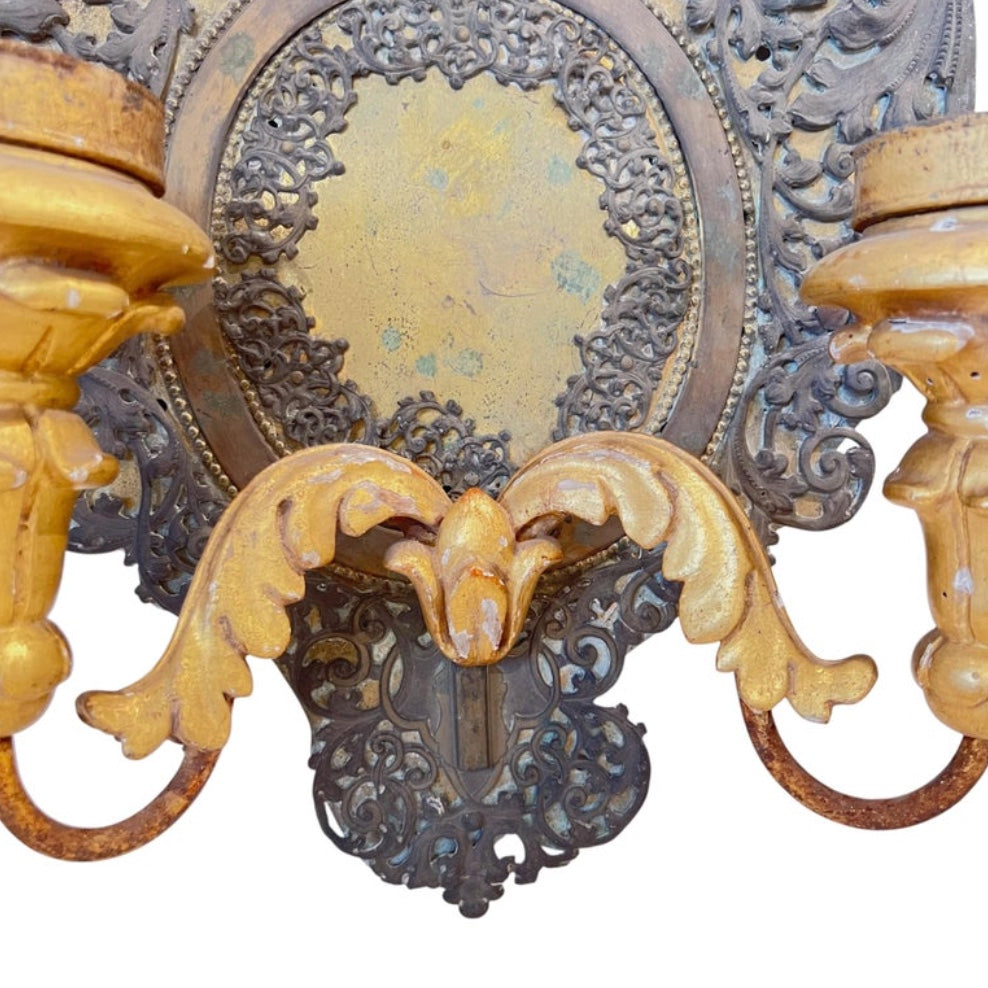 19th Century Italian Pair of Tole & Gilded Wood Sconces