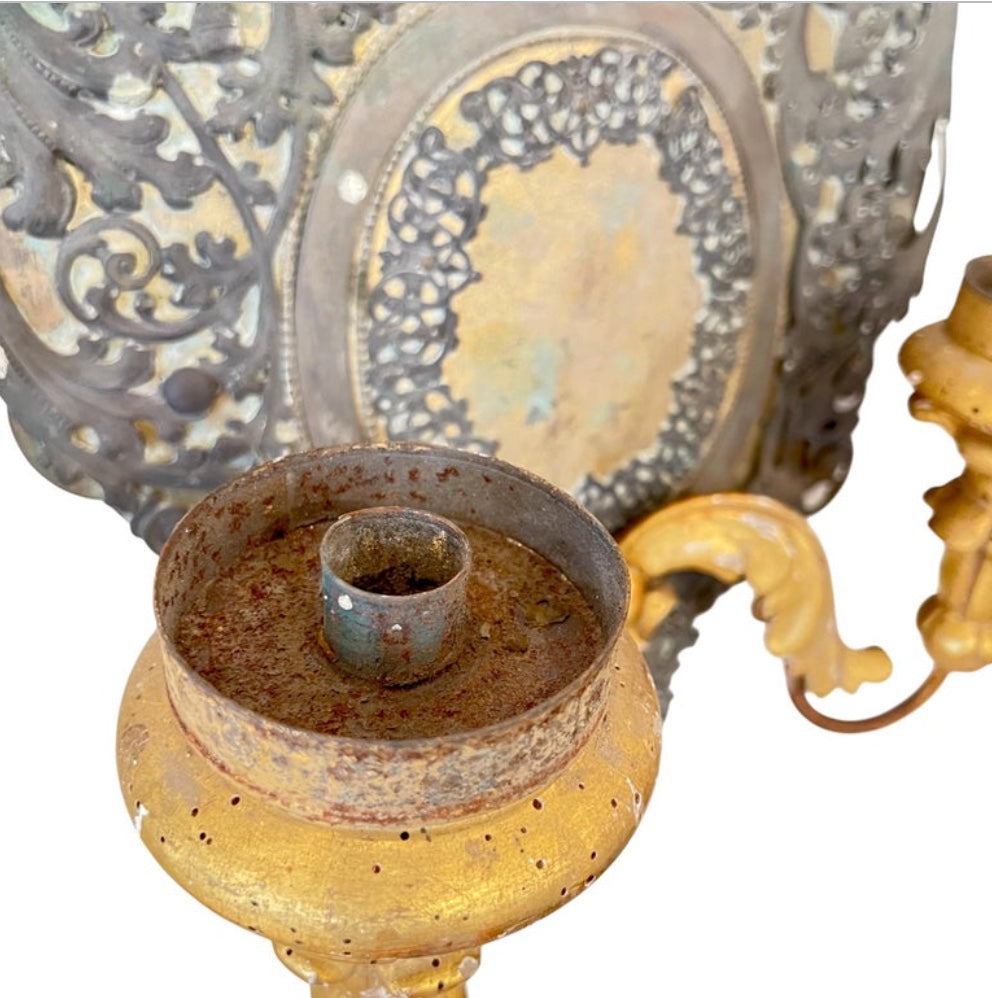 19th Century Italian Pair of Tole & Gilded Wood Sconces