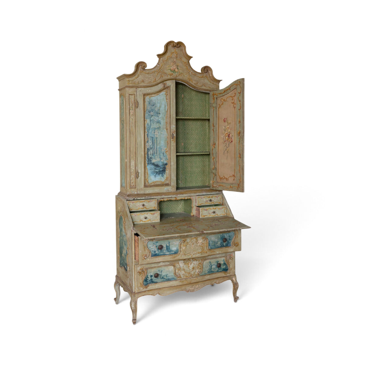 19th Century Italian Painted Secrétaire with Landscapes & Cabriole Legs