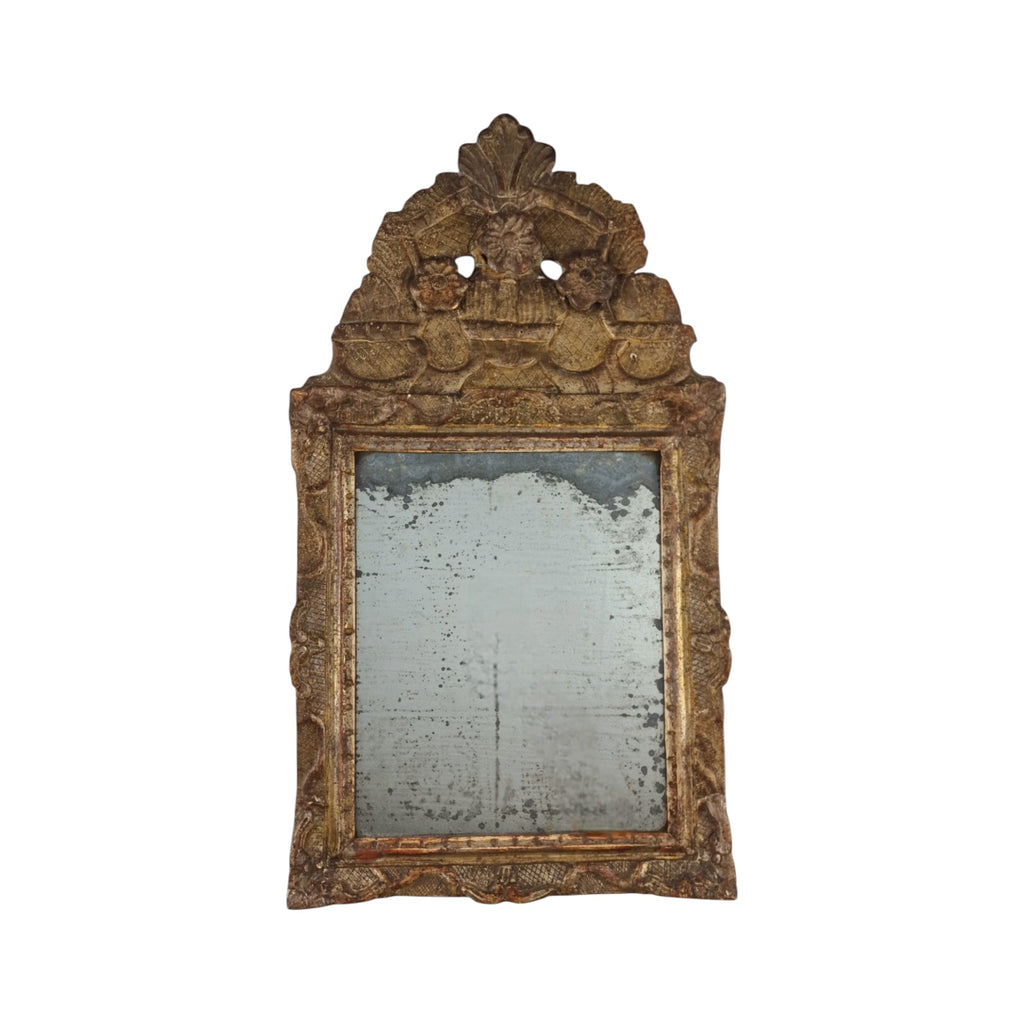 18th Century French Louis XIV Period Gilded & Silvered Wood Mirror with Carved Pediment - Small