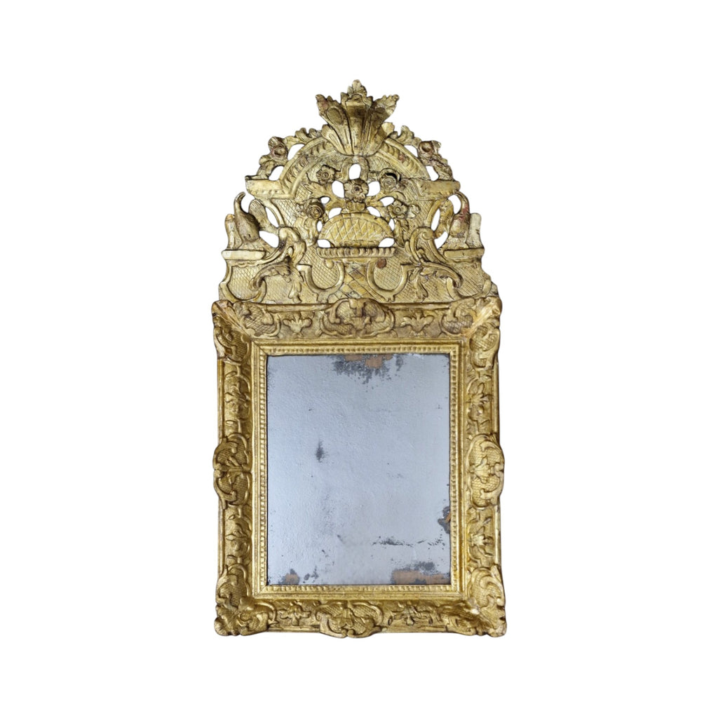 18th Century French Louis XIV Period Mercury Mirror with Carved & Gilded Pediment with Eagles & Flower Basket - Medium