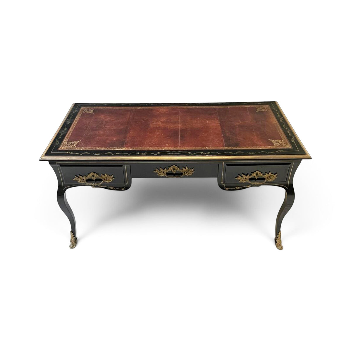 18th Century French Louis XV Style Bureau Plat or Desk with Brass & Gilt Bronze Inlays