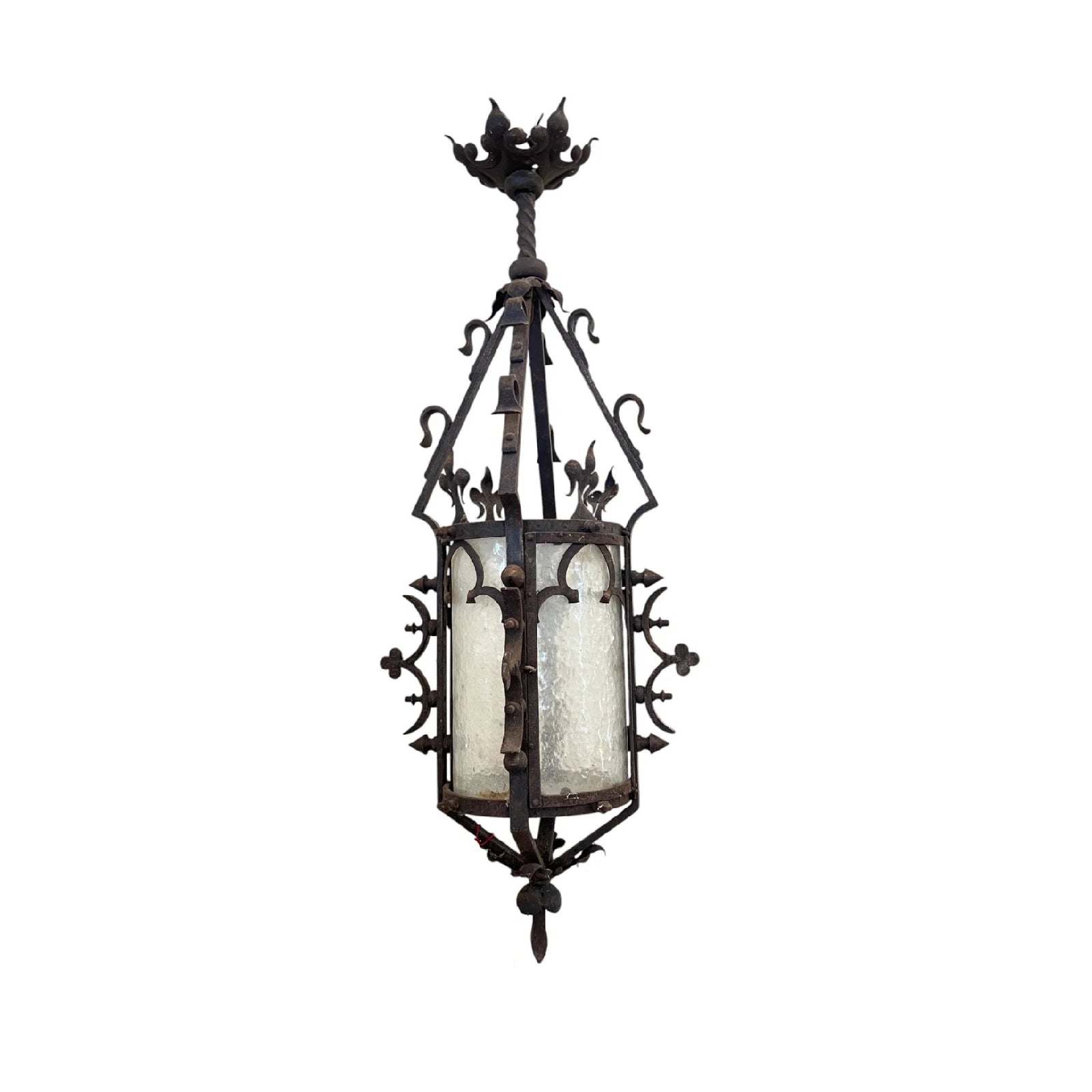 19th Century French Napoleon III Black Iron Antique Lantern with Fleur de Lis Detail