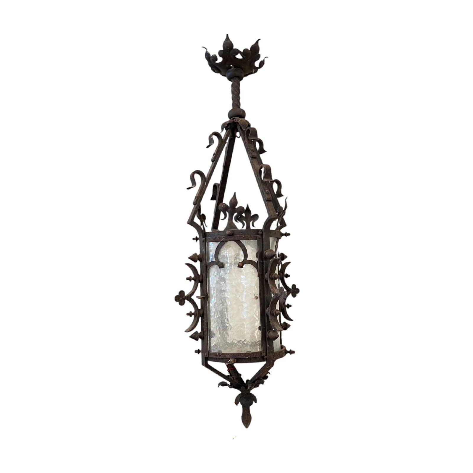 19th Century French Napoleon III Black Iron Antique Lantern with Fleur de Lis Detail
