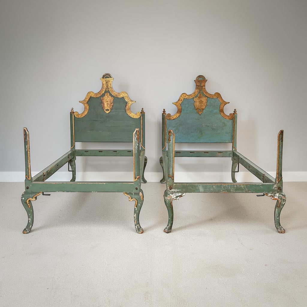 Venetian Style Pair of Painted & Parcel Gilt Twin Beds