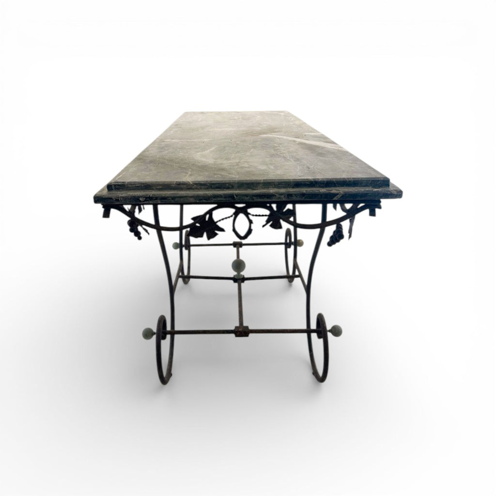 Pair of 19th Century French Marble Top Iron Consoles with Grape Detail
