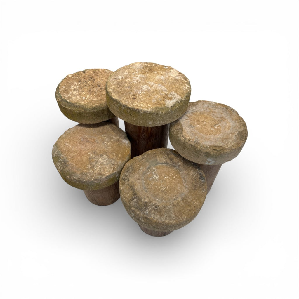 18th Century French Bourgogne Stone Top Tables with Acacia Wood Base - Set of 5