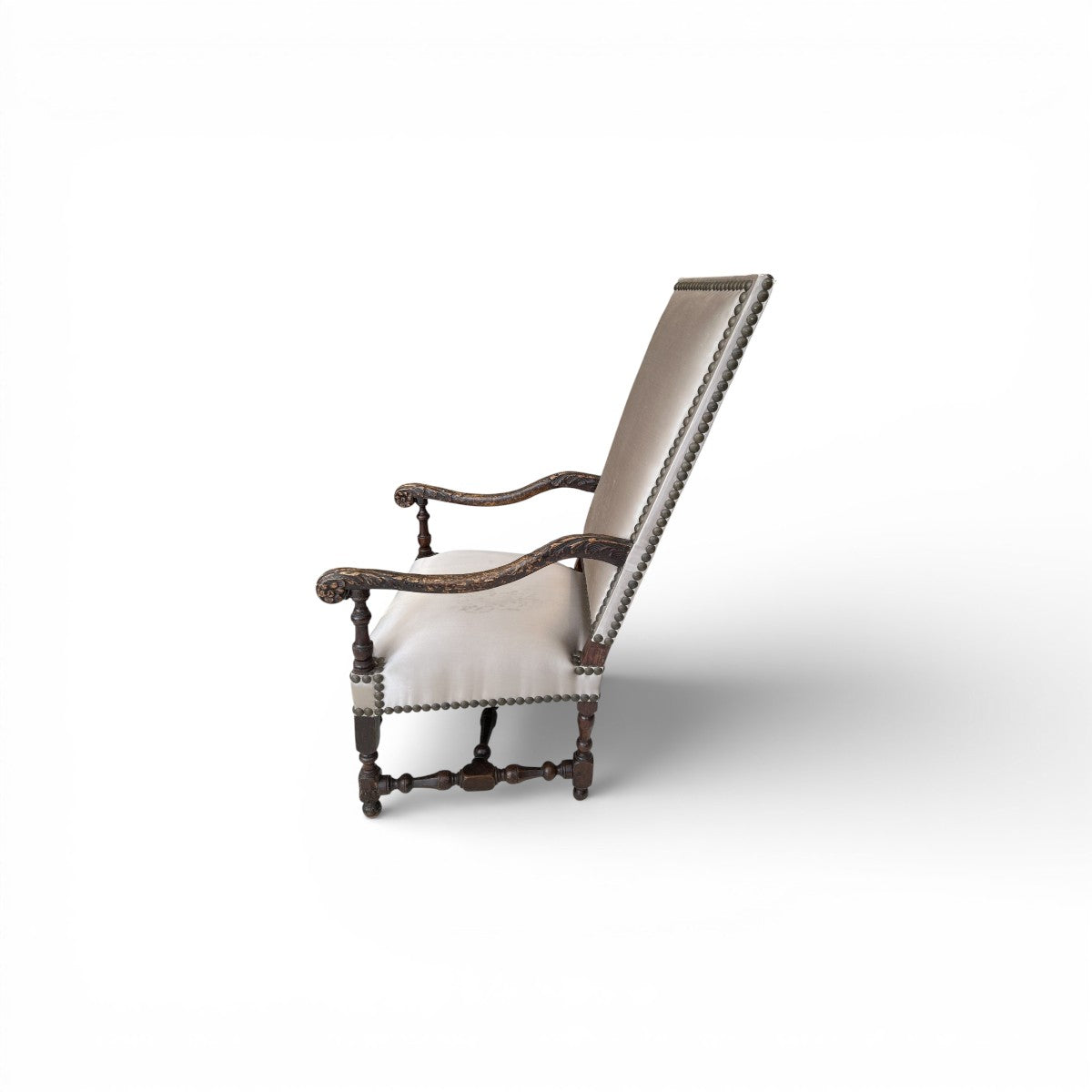 18th Century Louis XIII Style Arm Chair in Taupe Silk